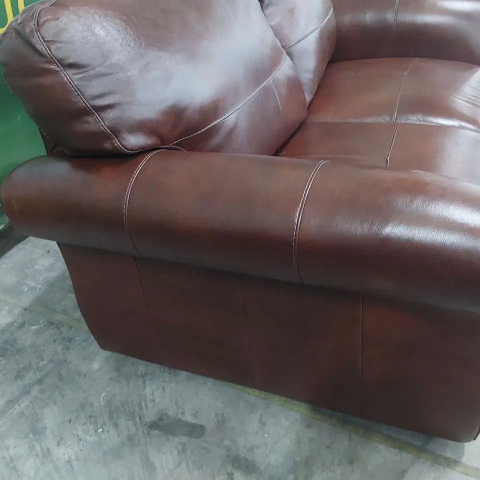 DESIGNER SCROLL ARM TWO SEATER SOFA CHESTNUT LEATHER 