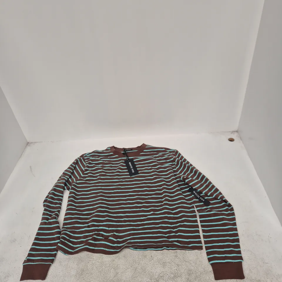 WHITE FOX TOUCHDOWN LONG SLEEVE TEE – CHOCOLATE/BLUE STRIPE – S/M