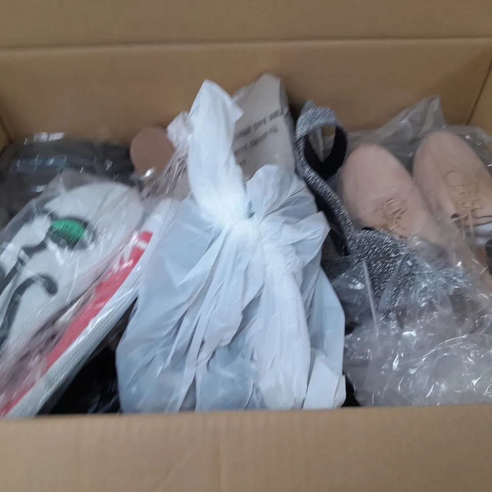 BOX OF APPROXIMATELY 10 ASSORTED WOMENS SHOES IN VARIOUS COLOURS, STYLES AND SIZES