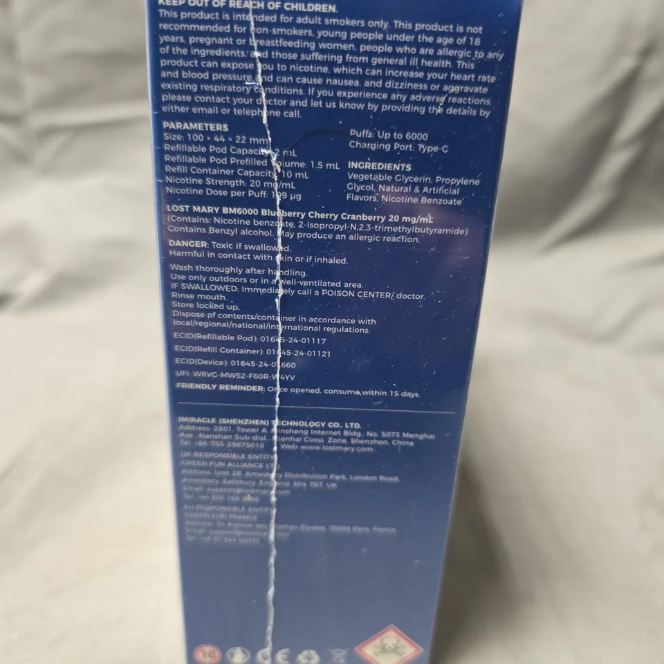 LOST MARY BM6000 REFILLABLE KIT - BLUEBERRY CHERRY CRANBERRY (20 MG/ML NICOTINE) - 5-PACK