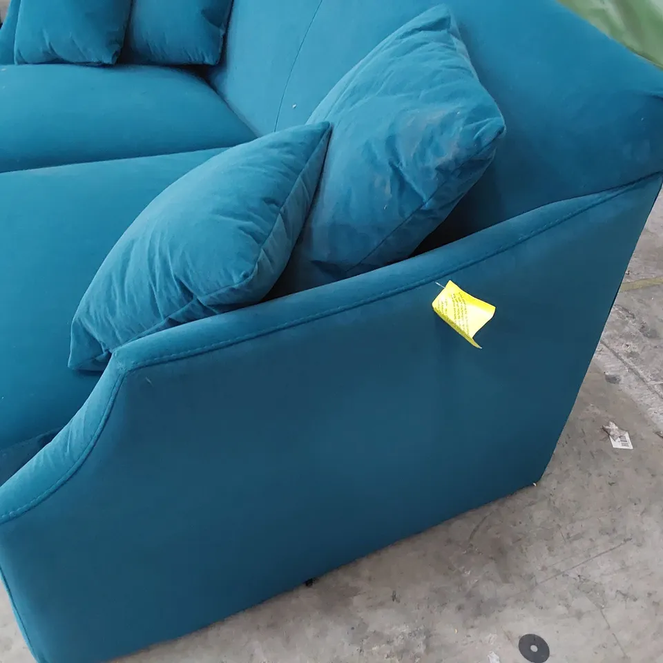 DESIGNER TWO SEATER SOFA TURQUOISE PLUSH FABRIC WITH SCATTER CUSHIONS