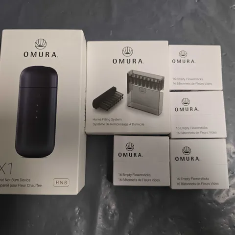 LOT OF 6 ASSORTED OMURA ITEMS INCLUDES X1 DEVICE, HOME FILLING SYSTEM AND EMPTY FLOWERSTICKS
