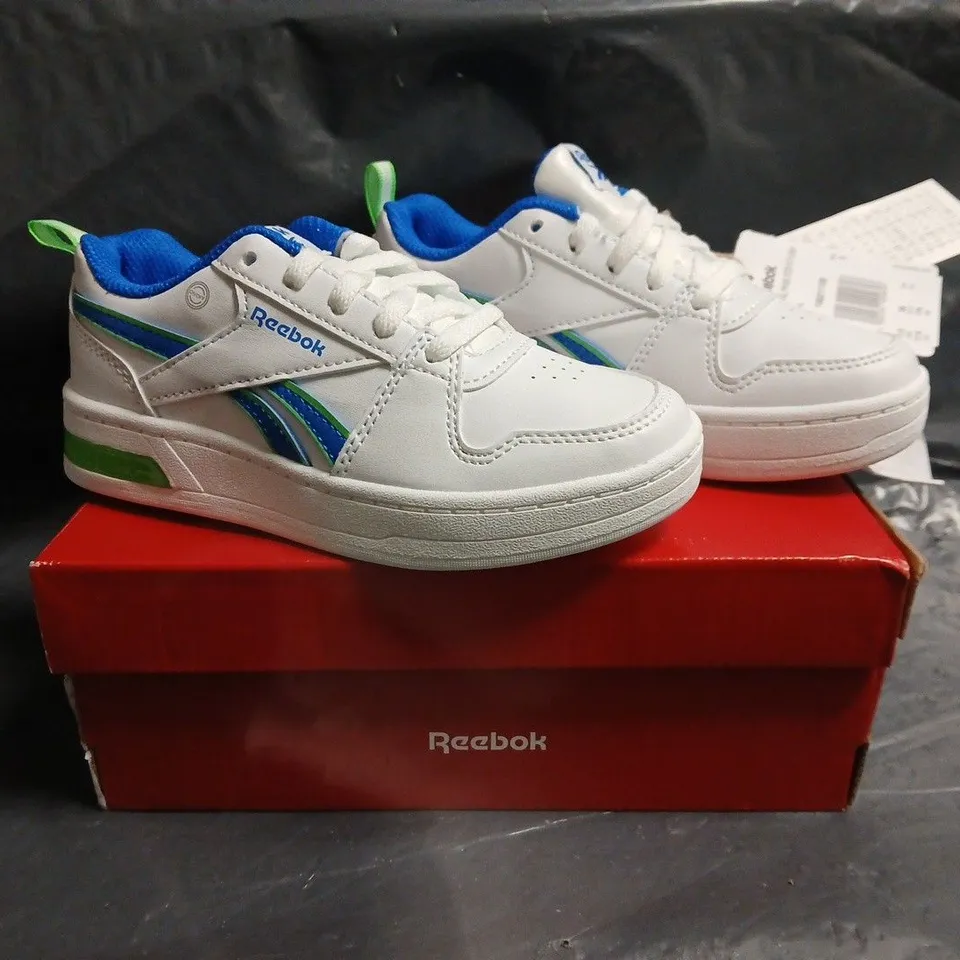 BOXED PAIR OF REEBOK KID'S ROYAL PRIME STRIPE N' FLASH TRAINERS IN WHITE/BLUE/GREEN SIZE UK 11