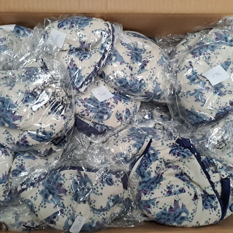 BOX OF APPROX 25 ASSORTED BLUE FLORAL BRAS - SIZES VARY 