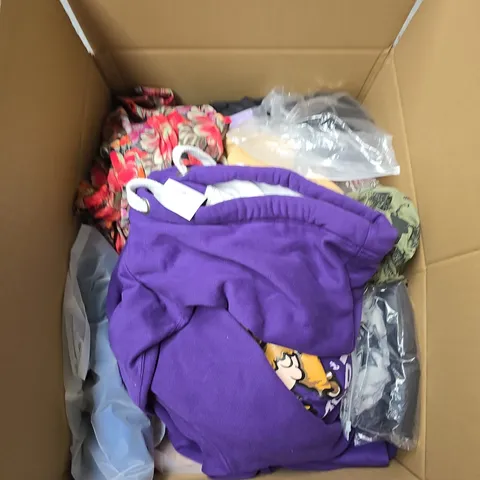 LARGE BOX OF APPROXIMATELY 20 ASSORTED CLOTHING ITEMS IN VARIOUS SIZES, STYLES AND COLOUR
