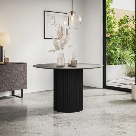 BOXED ARLO ROUND DINING TABLE - BLACK BASE/CONCRETE EFFECT TOP (3 BOXES)