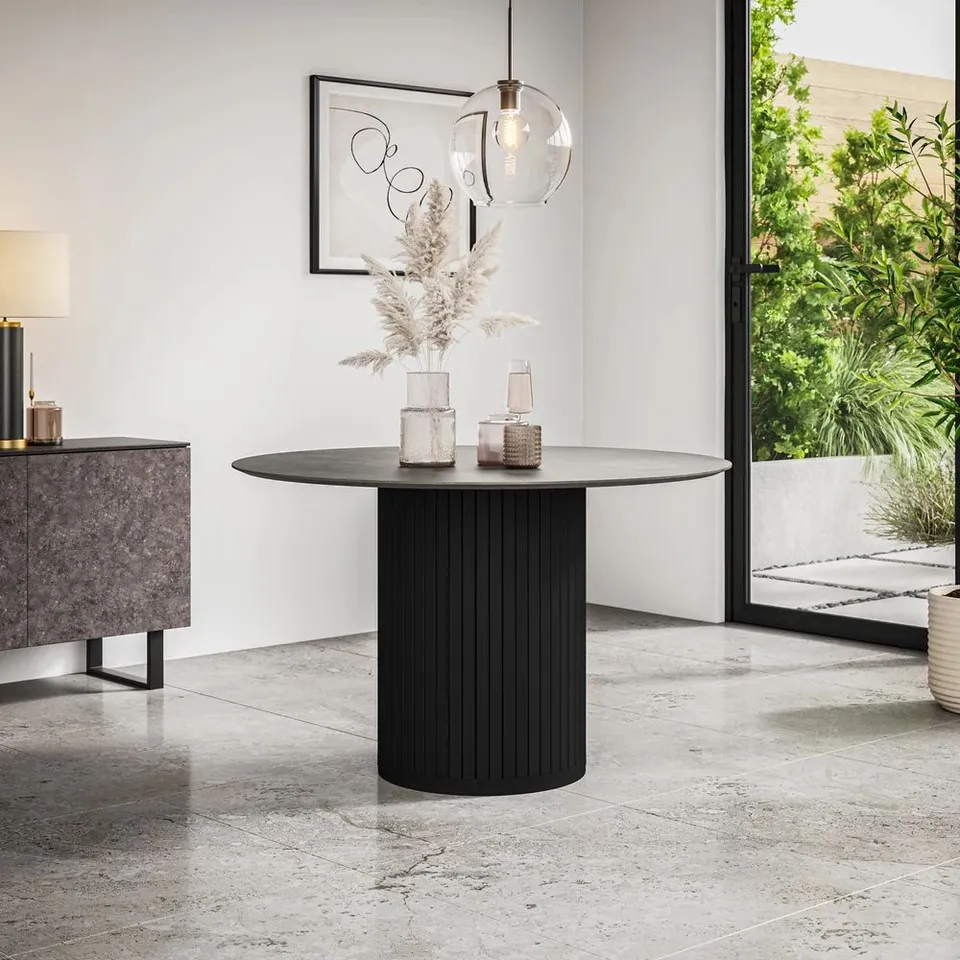 BOXED ARLO ROUND DINING TABLE - BLACK BASE/CONCRETE EFFECT TOP (3 BOXES)