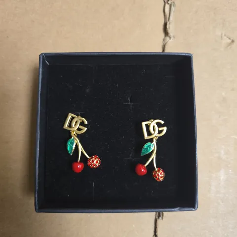 DOLCE & GABBANA GOLD-TONE CHERRY DROP EARRINGS WITH DG LOGO – BOXED