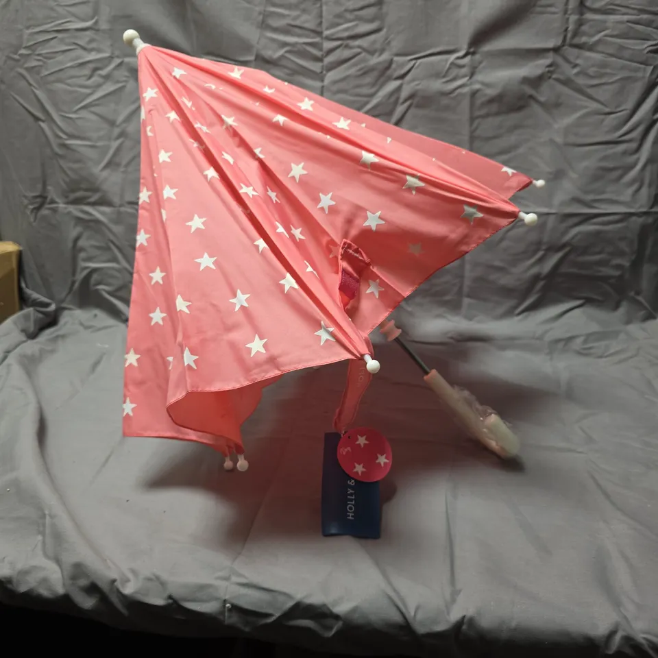 HOLLY & BEAU CHILDREN'S PINK UMBRELLA WITH WHITE STARS APPROXIMATELY 5 PCS 