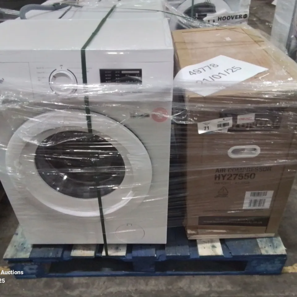 COMFEE FREESTANDING WASHING MACHINE 7KG WHITE, HOOVER WASHER AND DRYER 96KG WHITE AND HYUNDAI 50 LITRE AIR COMPRESSOR