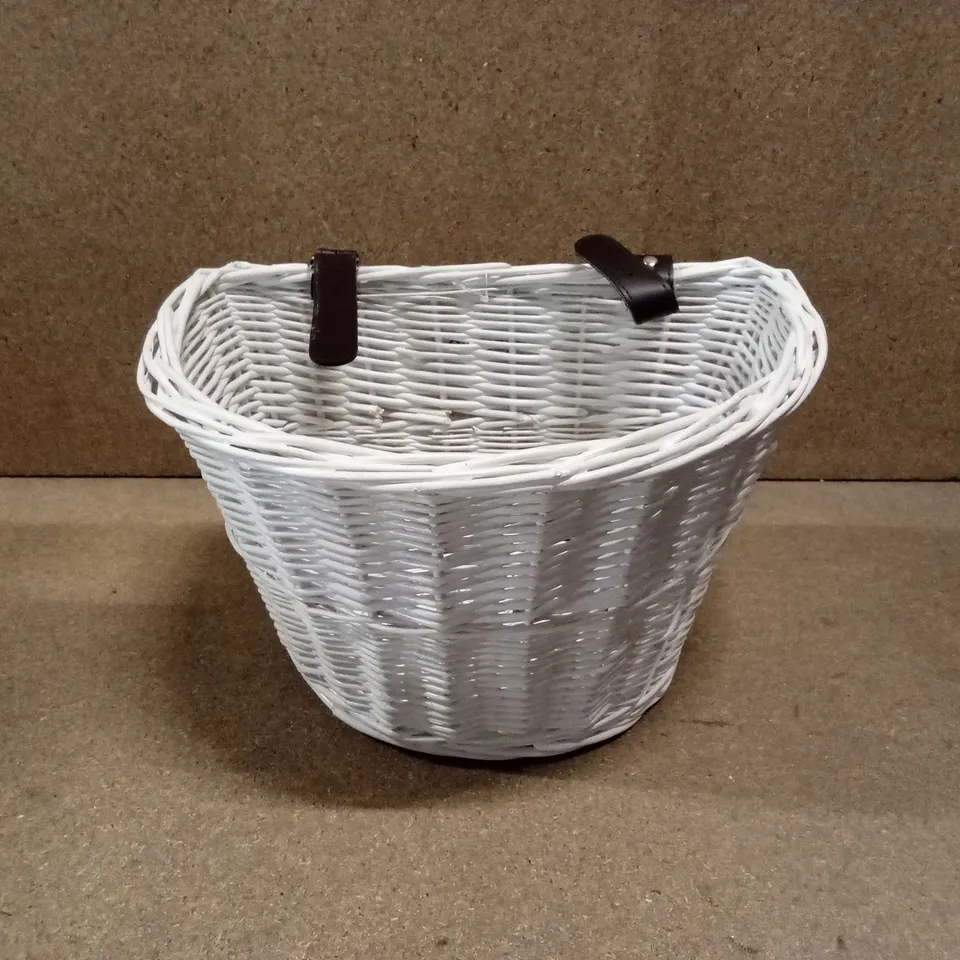 BOXED DISPLAY4TOP HANDMADE RETRO WHITE WICKER BICYCLE BASKET WITH BROWN LEATHER STRAPS