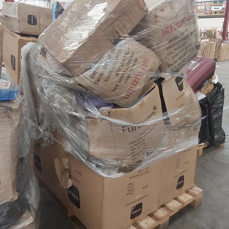 PALLET OF ASSORTED CONSUMER PRODUCTS/FURNITURE PARTS INCLUDING: FOAM ROLLERS, BUG EXTERMINATION EQUIPMENT, EXERCISE TILES ECT