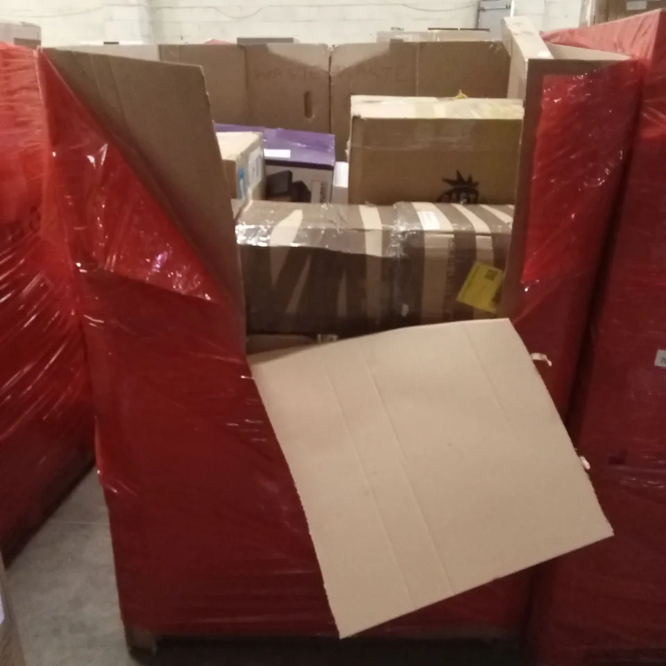 PALLET OF ASSORTED HOUSEHOLD GOODS AND PRODUCTS TO INCLUDE; SUITCASES, GARMENT STEAMER, ELECTRIC PATIO HEATER, AIR FRYER ETC