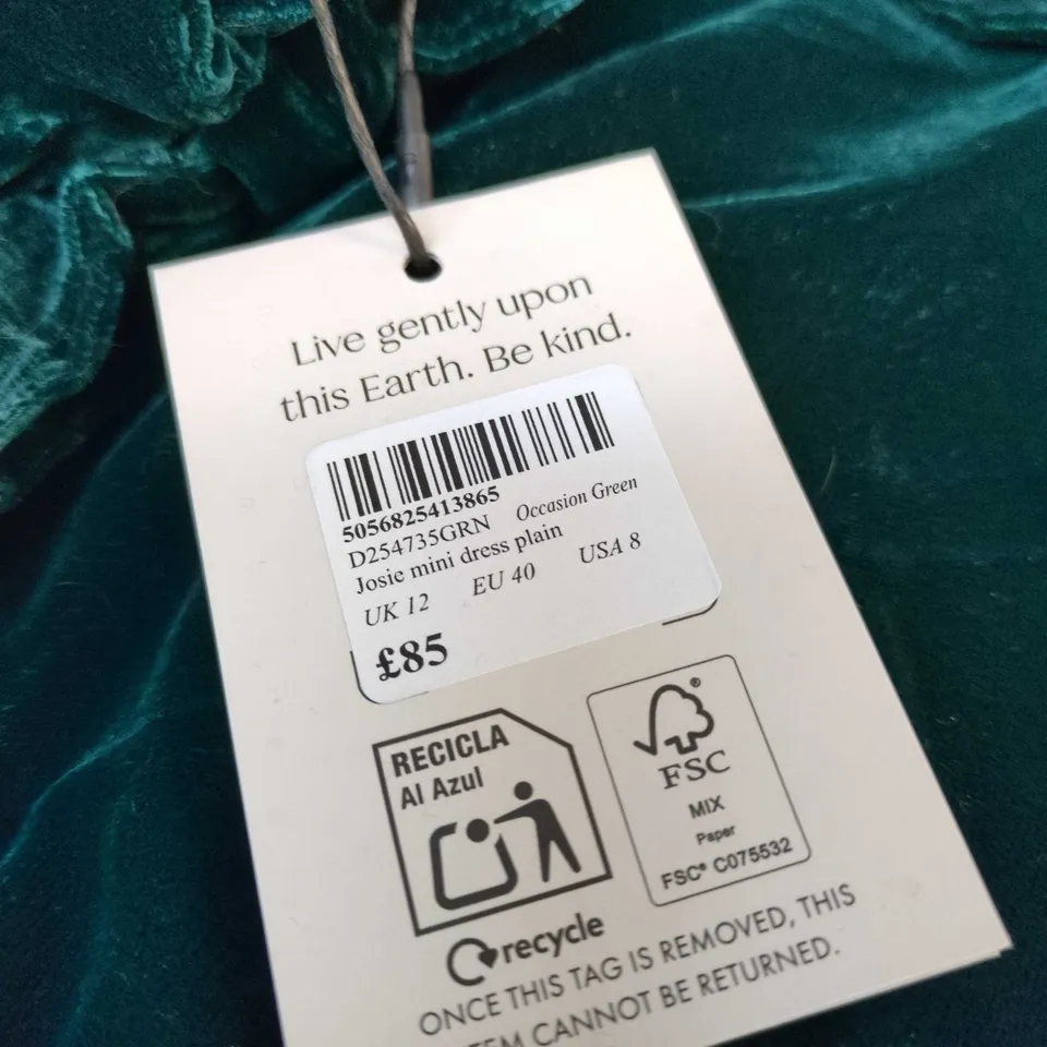 NOBODYS CHILD JOSIE MINI DRESS – GREEN VELVET, UK 12 