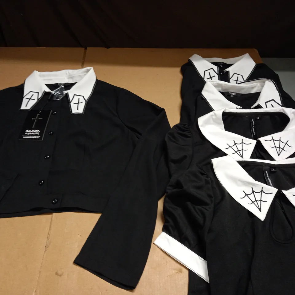 LOT OF 5 BLACK BANNED ALTERNATIVE SHIRTS WITH WHITE EMBROIDERED COLLARS - VARIOUS SIZES