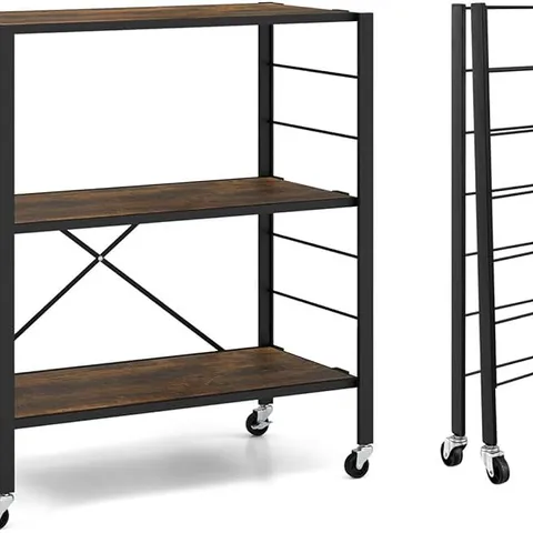 BOXED COSTWAY 4-TIER FOLDING ROLLING CART PORTABLE STORAGE SHELVES W/WHEELS NO ASSEMBLY RACK - COFFEE