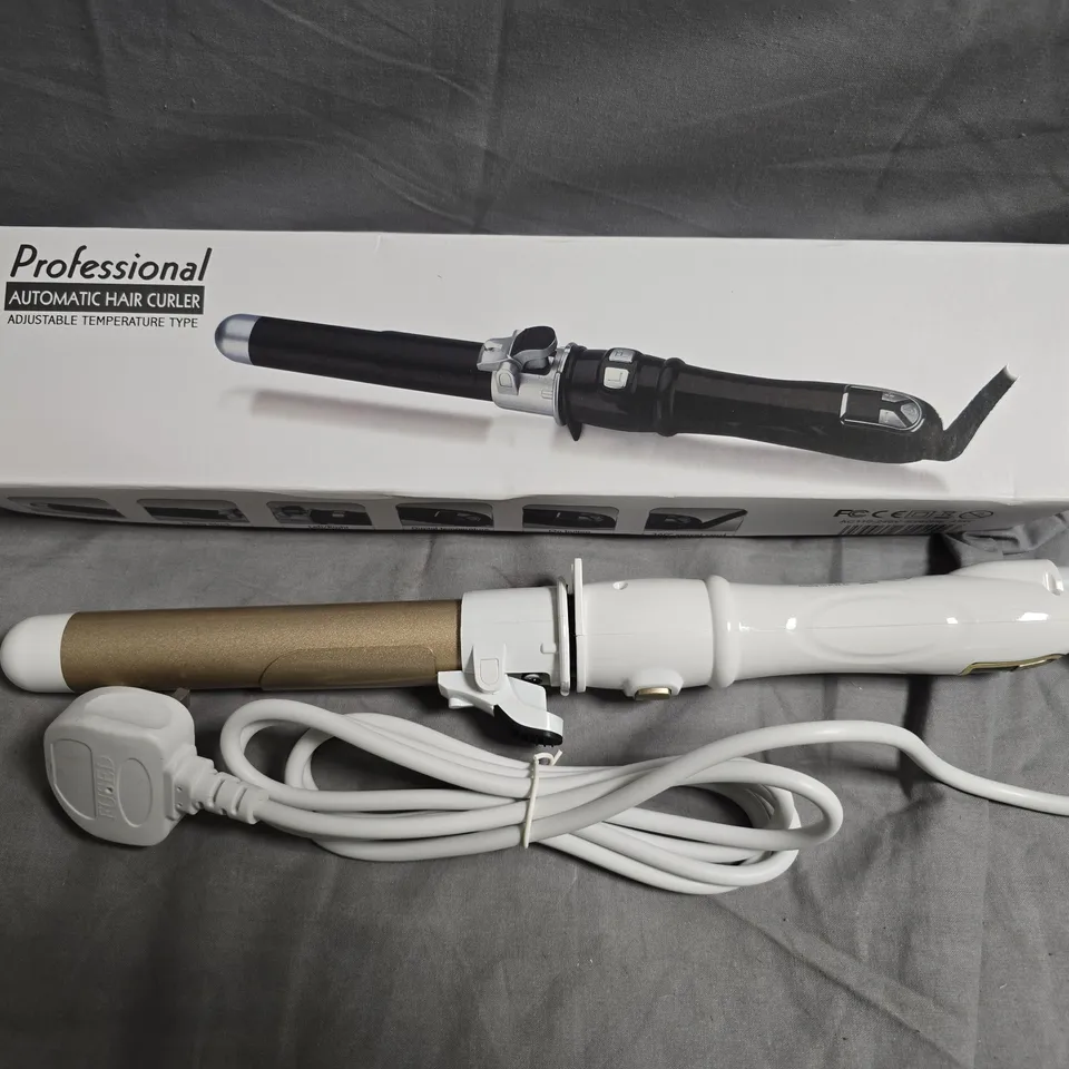 PROFESSIONAL AUTOMATIC HAIR CURLER WITH ADJUSTABLE TEMPERATURE – WHITE & GOLD BARREL
