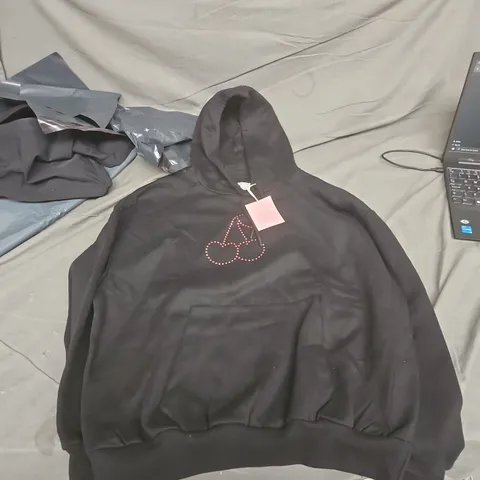 SKINNYDIP LONDON BLACK HOODIE WITH CHERRY PRINT, SIZE S