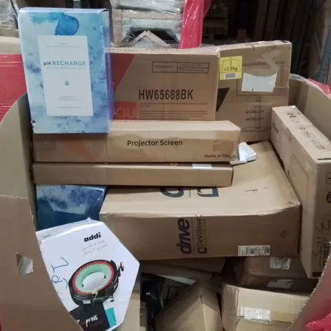 PALLET CONTAINING VARIOUS ASSORTED BOXED HOUSEHOLD ITEMS TO INCLUDE: KNITTING MACHINE, ALKALINE WATER COUNTER TOP UNITS, TV STANDS, PROJECTOR SCREEN AND LOTS MORE UNMARKED BOXED ITEMS