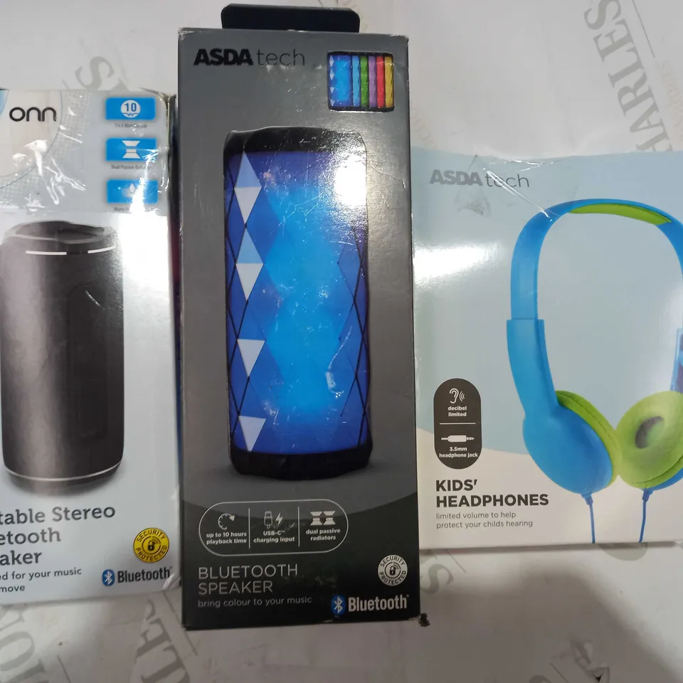 BOX OF APPROXIMATELY 5 ASSORTED HOUSEHOLD ITEMS TO INCLUDE ONN PORTABLE STEREO BLUETOOTH SPEAKER, ASDA TECH BLUETOOTH SPEAKER, ASDA TECH KIDS HEADPHONES, ETC