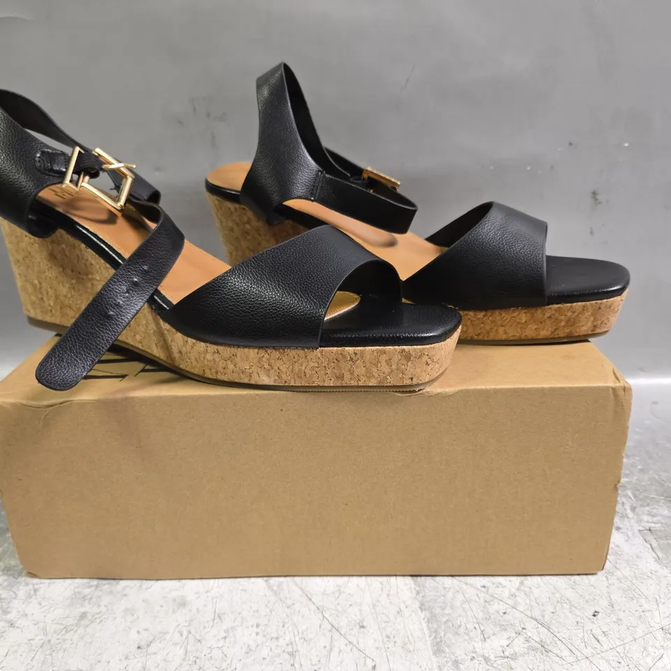 BOXED PAIR OF WHERE'S THAT FROM OPEN TOE WEDGE SANDALS IN BLACK SIZE UK 8