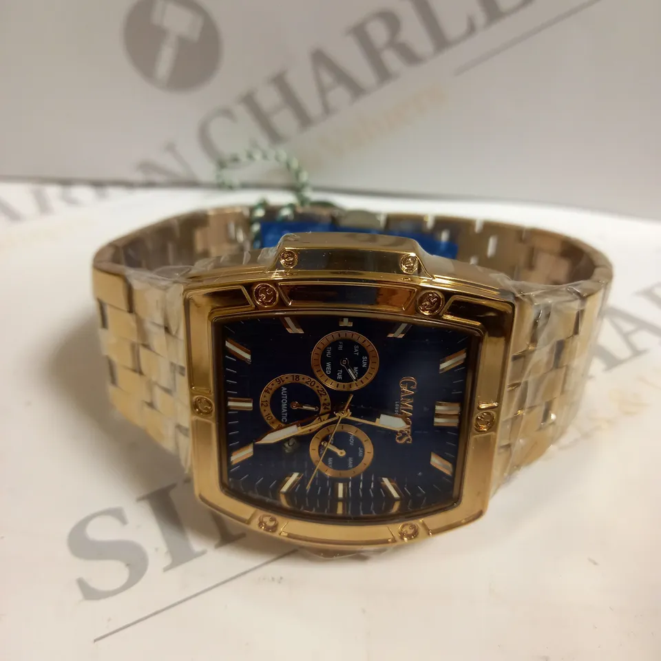 BOXED GAMAGES LONDON MAGNITUDE ROSE GOLD BLUE DIAL STAINLESS STEEL CHAIN LINK STRAP WATCH 