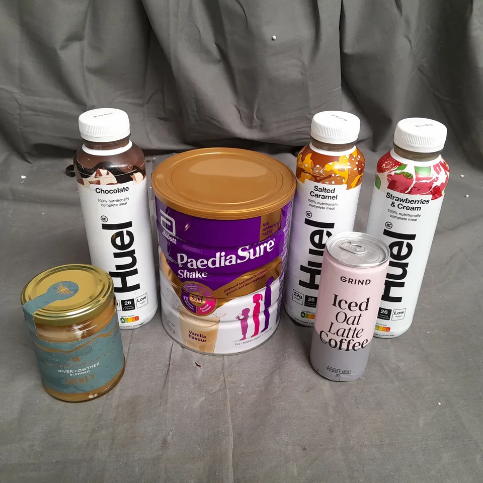 15 ASSORTED FOOD ITEMS TO INCLUDE LAKE DISTRICT RIVER LOWTHER HONEY, GRIND ICED OAT LATTE COFFEE, HUEL FOOD DRINK AND PAEDIASURE SHAKE POWDER- COLLECTION ONLY