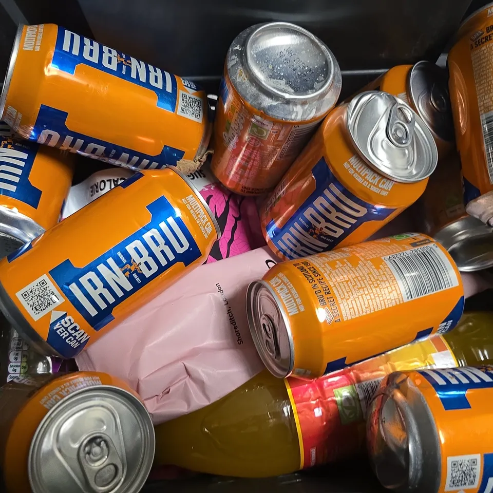 APPROXIMATELY 12 ASSORTED FOOD & DRINK ITEMS TO INCLUDE - IRN BRU , PEAK CALM MOOD DRINK , THREE RINGS COFFEE ETC