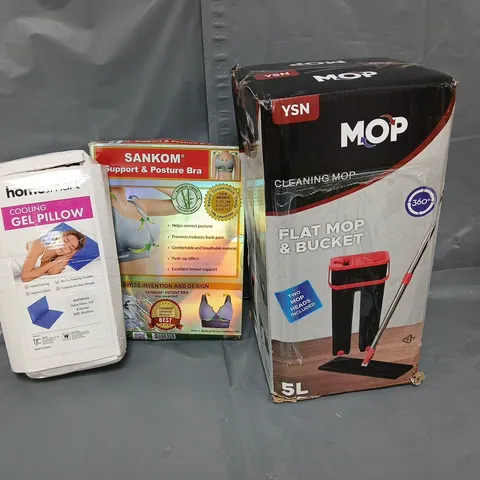APPROXIMATELY 10 ASSORTED ITEMS TO INCLUDE COOLING GEL PILLOW, CLEANING MOP, SUPPORT & POSTURE BRA, ETC