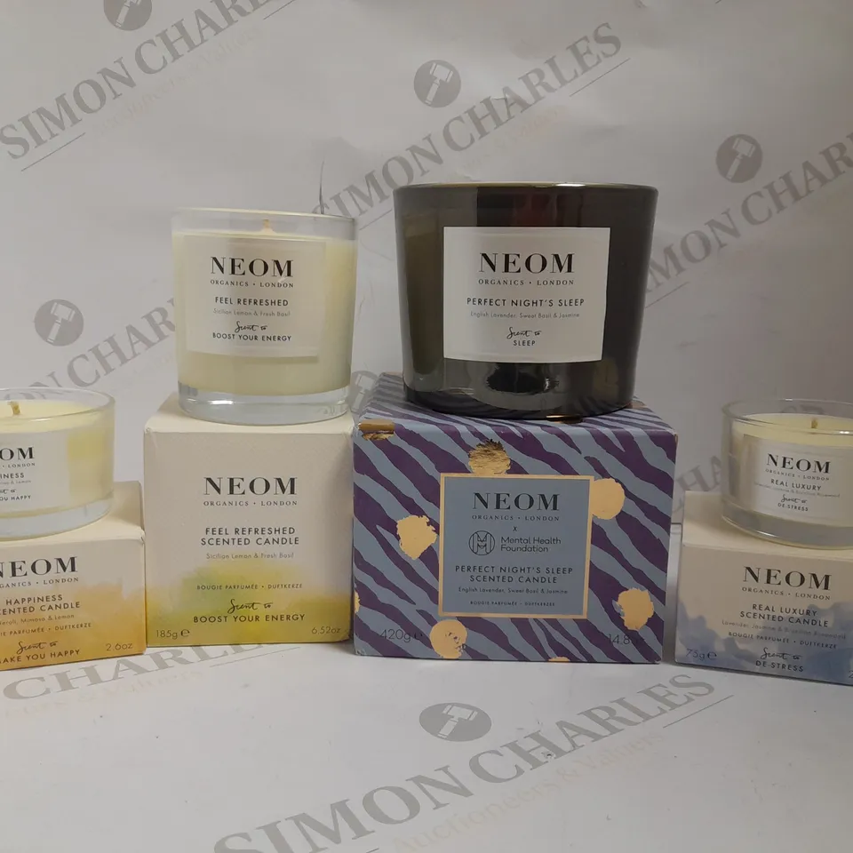 FOUR NEOM SCENTED CANDLES TO INCLUDE PERFECT NIGHTS SLEEP, FEEL REFRESHED AND HAPPINESS