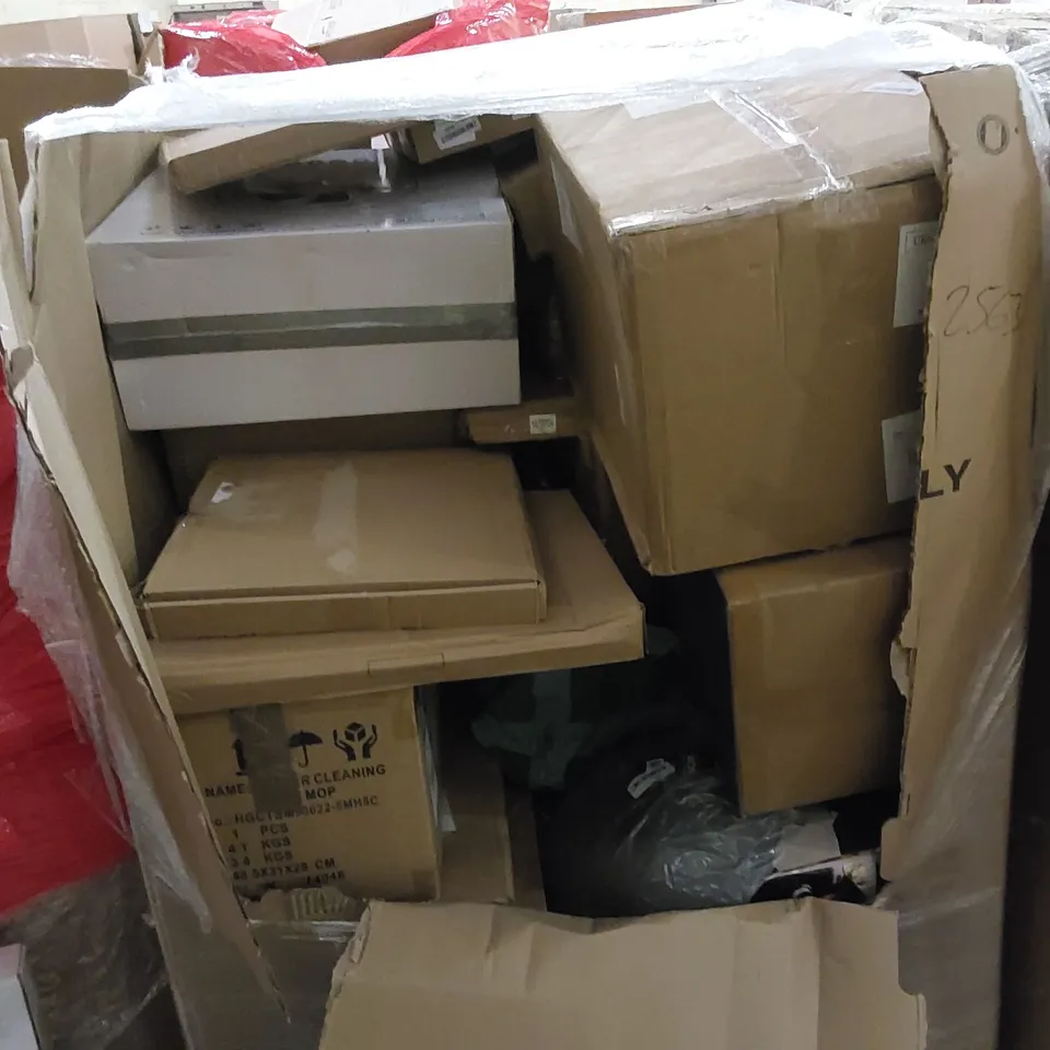 PALLET TO CONTAIN ASSORTED HOUSEHOLD ITEMS AND CONSUMER PRODUCTS. INCLUDING TOILET SEATS, AIR FRYER, COFFEE MAKER, CEILING FAN WITH LIGHT ETC