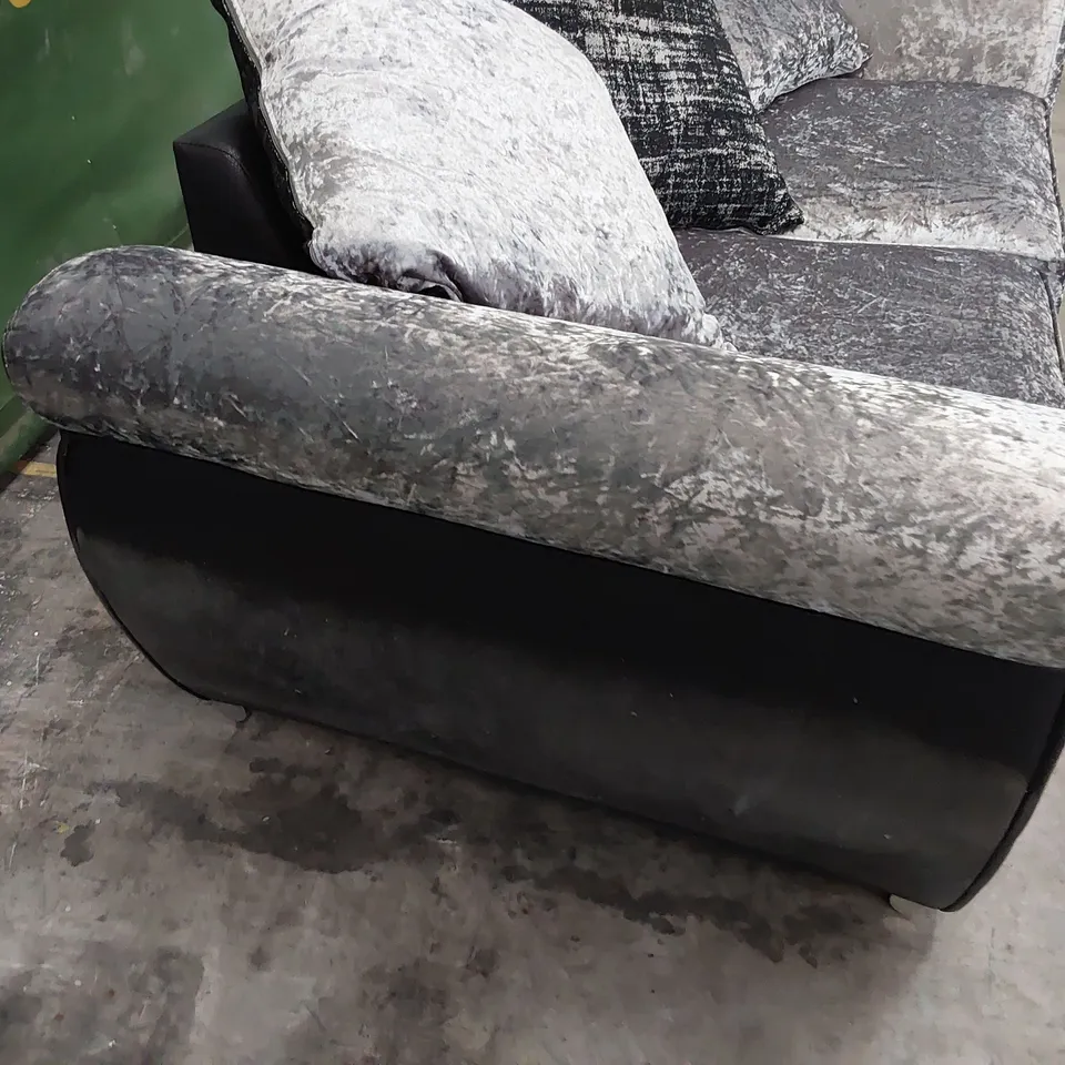 DESIGNER THREE SEATER SOFA WITH SCATTER CUSHIONS BLACK FAUX LEATHER & CRUSHED SILVER VELVET