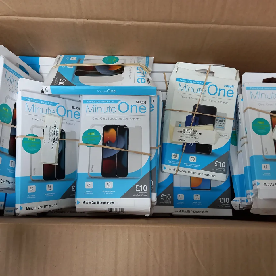 APPROXIMATELY 45 ASSORTED CASEIT MINUTE ONE PHONE CASES, SCREEN PROTECTORS AND SCREEN CLEANERS FOR VARIOUS PHONE MODELS TO INCLUDE HUAWEI P SMART 2021, IPHONE PRO 13, GALAXY A51, ETC