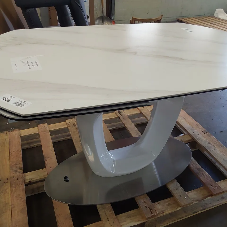 DESIGNER WHITE MARBLE EFFECT EXTENDING DINING TABLE ON HIGH GLOSS WHITE PEDESTAL