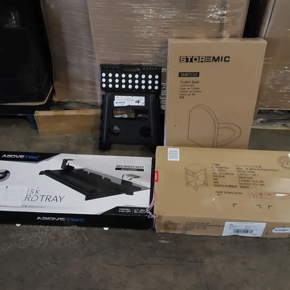 PALLET OF ASSORTED ITEMS INCLUDING: BEDSIDE CABINET, KEYBOARD TRAY, STEP STOOL, TOILET SEAT