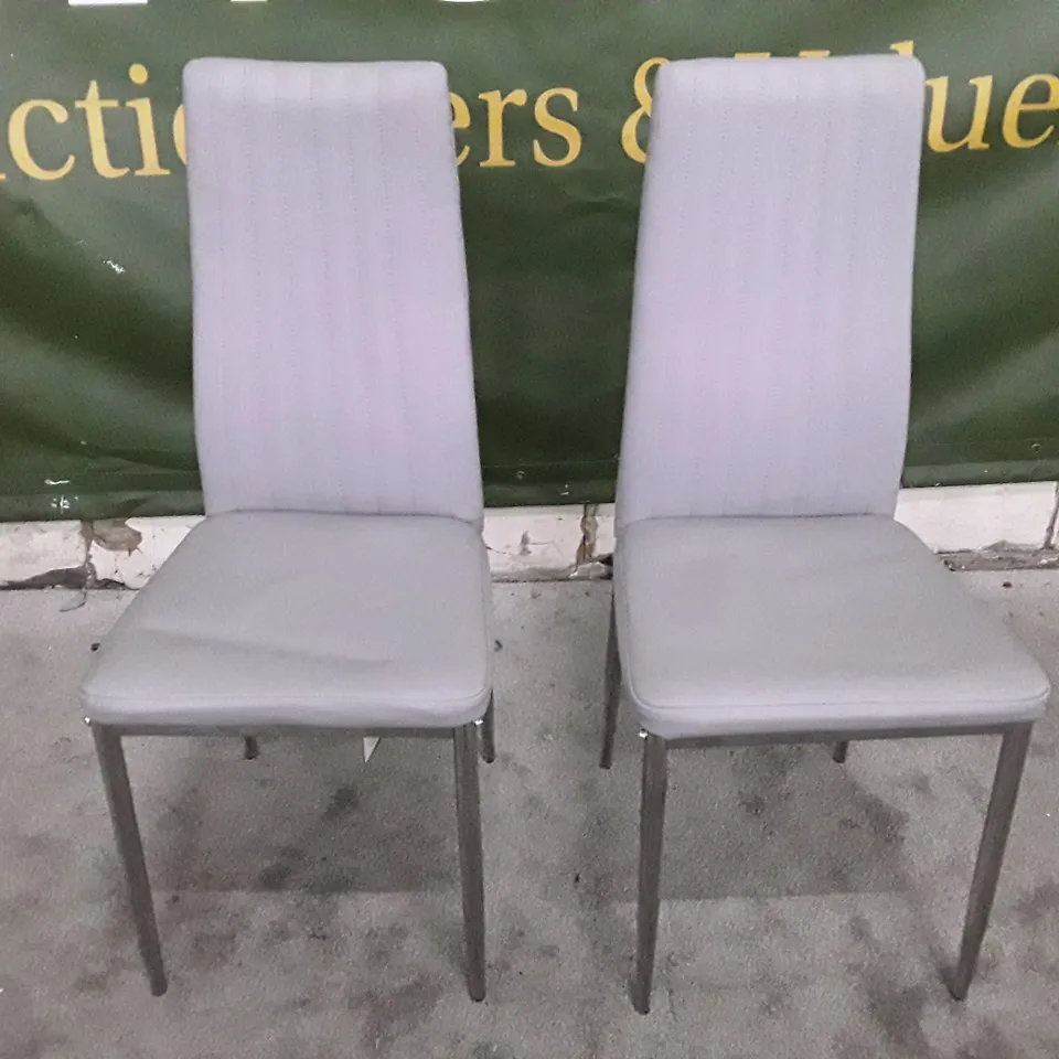 SET OF 2 LEON LIGHT GREY FAUX LEATHER DINING CHAIRS WITH CHROME LEGS 