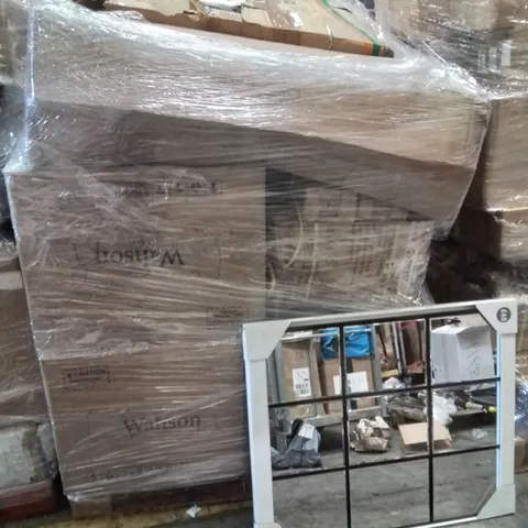 PALLET CONTAINING VARIOUS ASSORTED BOXED ITEMS TO INCLUDE. SIDE CHAIRS, WALL MIRROR AND LOTS MORE UNMARKED BOXED ITEMS
