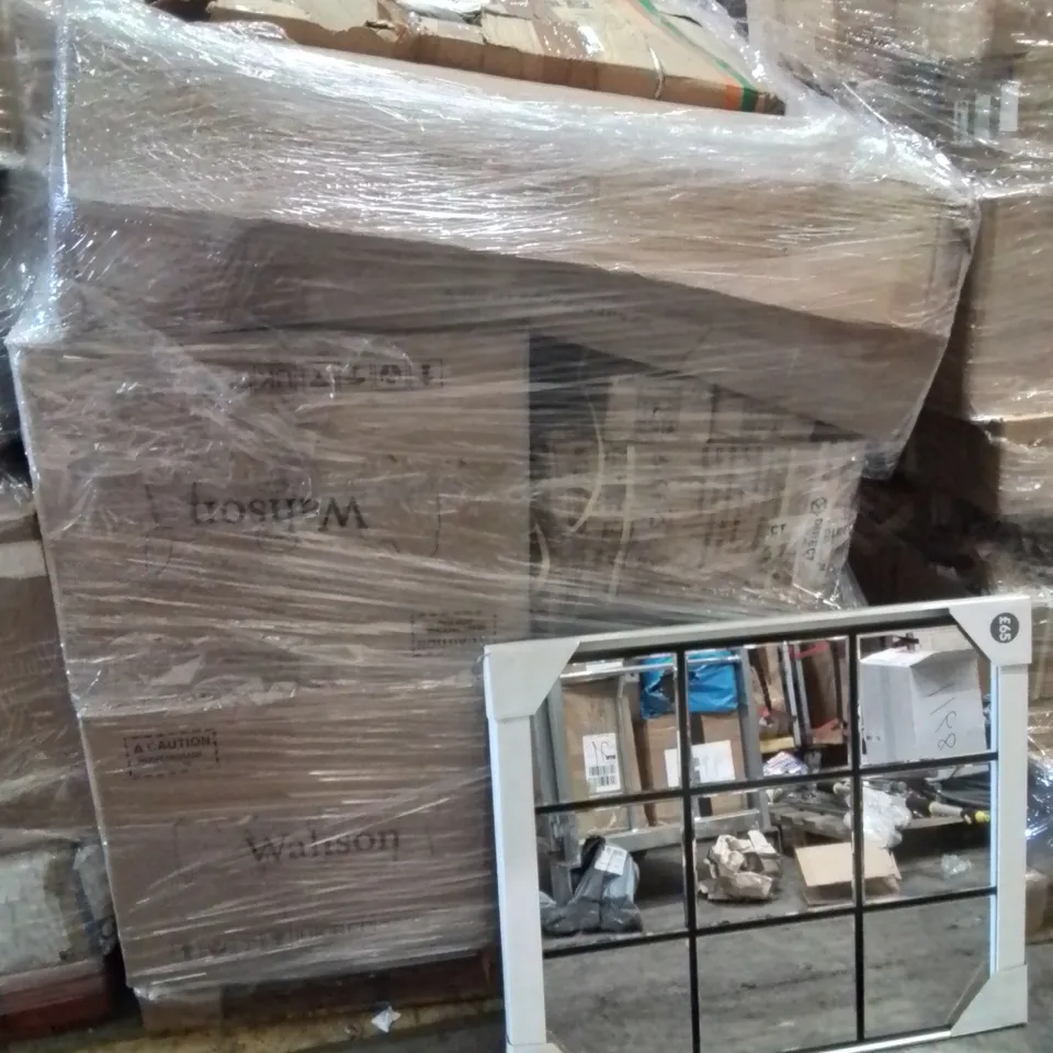 PALLET CONTAINING VARIOUS ASSORTED BOXED ITEMS TO INCLUDE. SIDE CHAIRS, WALL MIRROR AND LOTS MORE UNMARKED BOXED ITEMS 