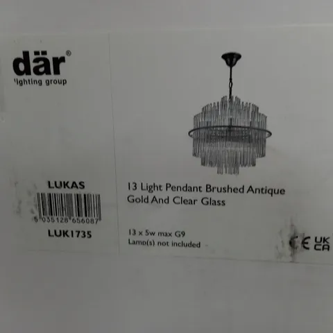 BOXED DΓR LUKAS 13 HANGING LIGHT PENDANT BRUSHED ANTIQUE GOLD & CLEAR GLASS