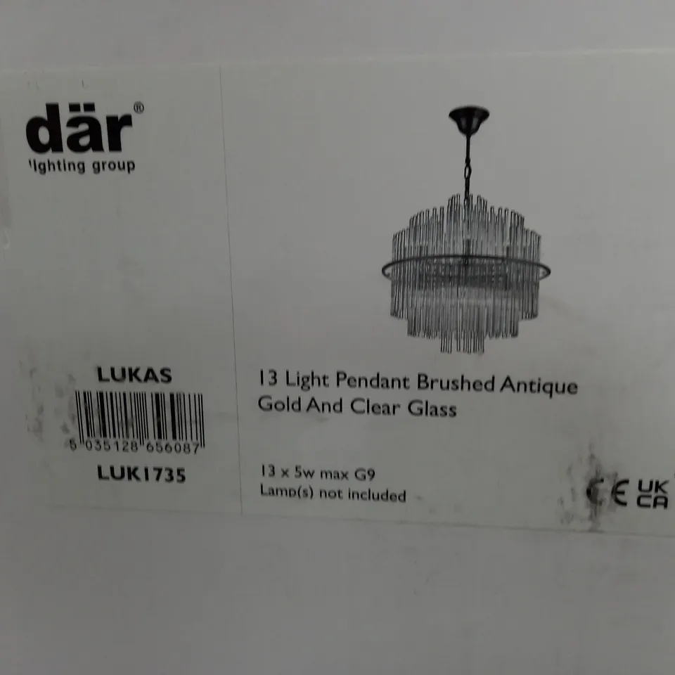 BOXED DÄR LUKAS 13 HANGING LIGHT PENDANT BRUSHED ANTIQUE GOLD & CLEAR GLASS