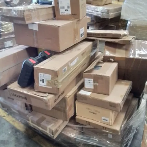 PALLET CONTAINING VARIOUS ASSORTED BOXED ITEMS TO INCLUDE, MEAT GRINDER, HEDGE TRIMMER, TOWER FAN, CORDLESS DRILL, FOOD DEHYDRATOR AND LOTS MORE UNMARKED BOXED ITEMS
