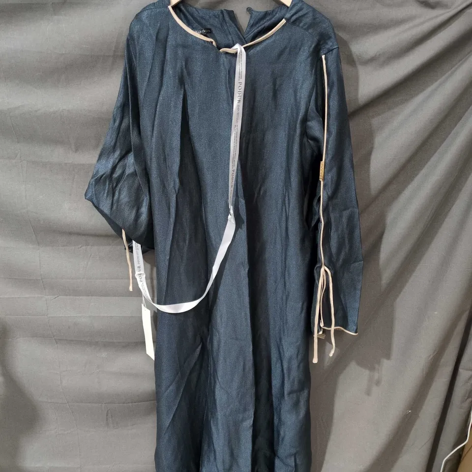 PODUR DENIM MAXI DRESS – LONG BLUE DRESS WITH CREAM RIBBON TRIM, UK 46 (EU 56)