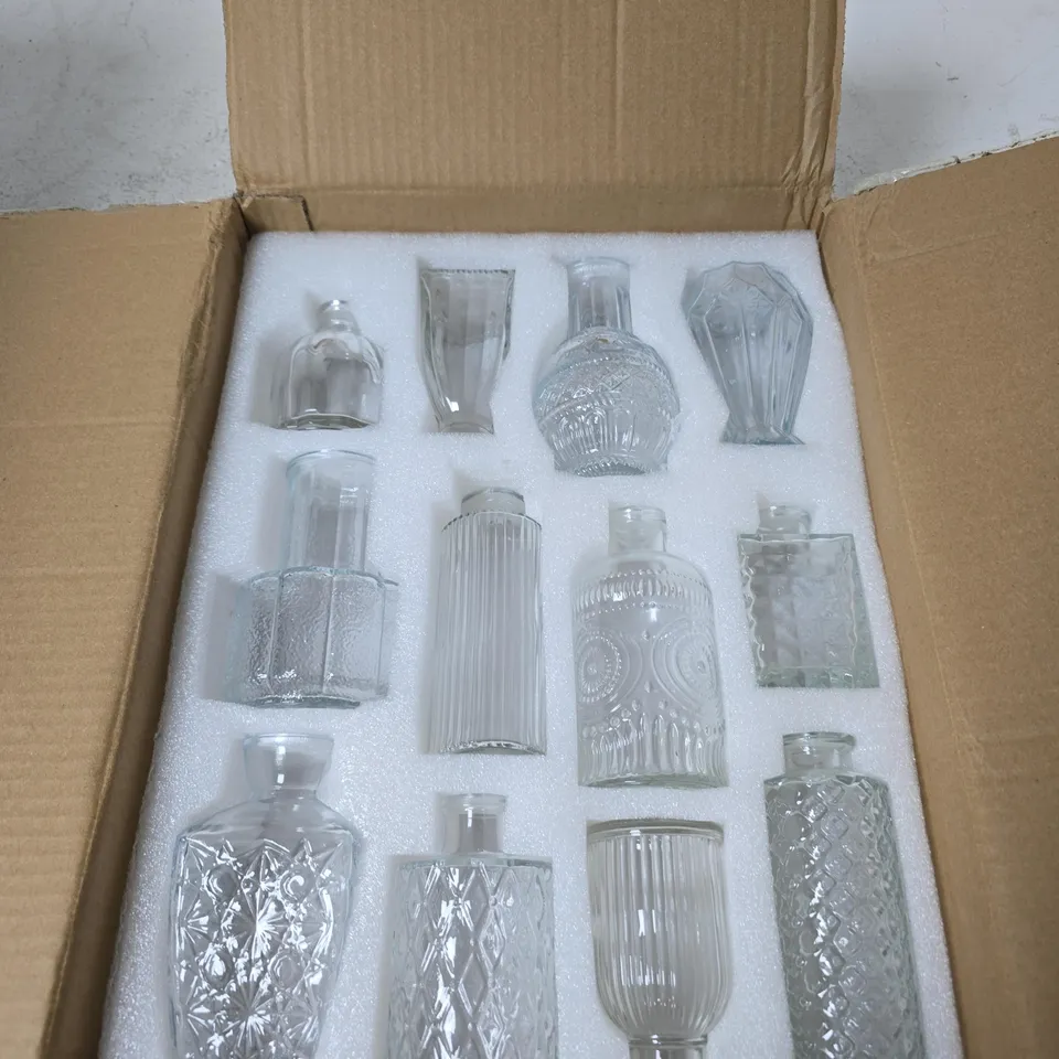 12 PIECE GLASS VASE SET - VARIOUS DESIGNS