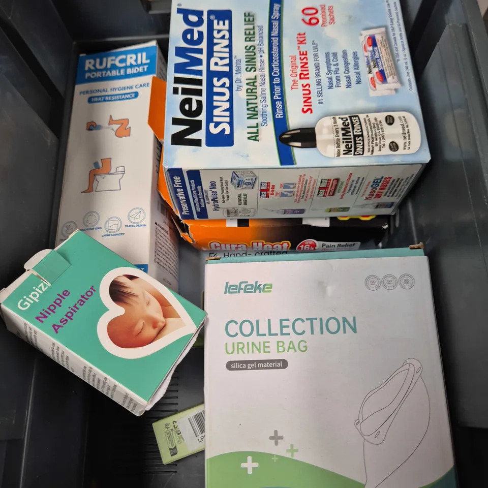 APPROXIMATELY 6 ASSORTED ITEMS INCLUDING RUFCRIL PORTABLE BIDET AND CURA HEAT PATCHES