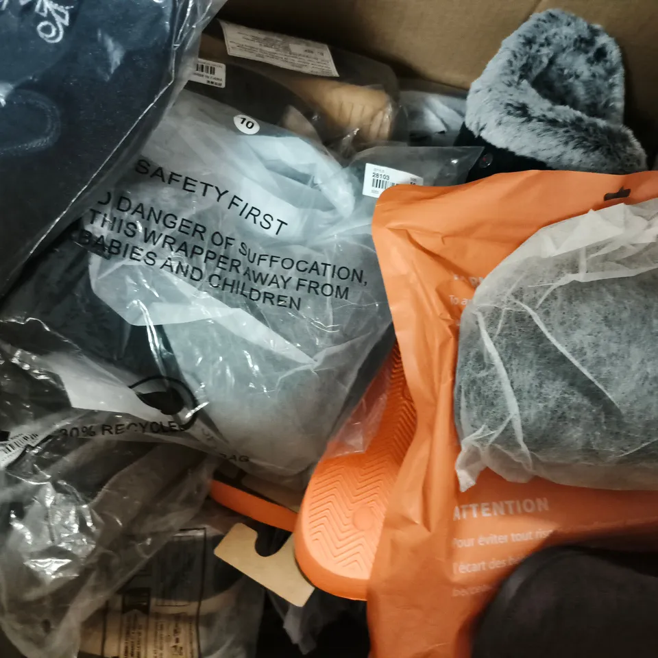 BOX OF APPROXIMATELY 20 ASSORTED PAIRS OF SHOES AND FOOTWEAR ITEMS IN VARIOUS COLOURS, STYLES, AND SIZES - COLLECTION ONLY