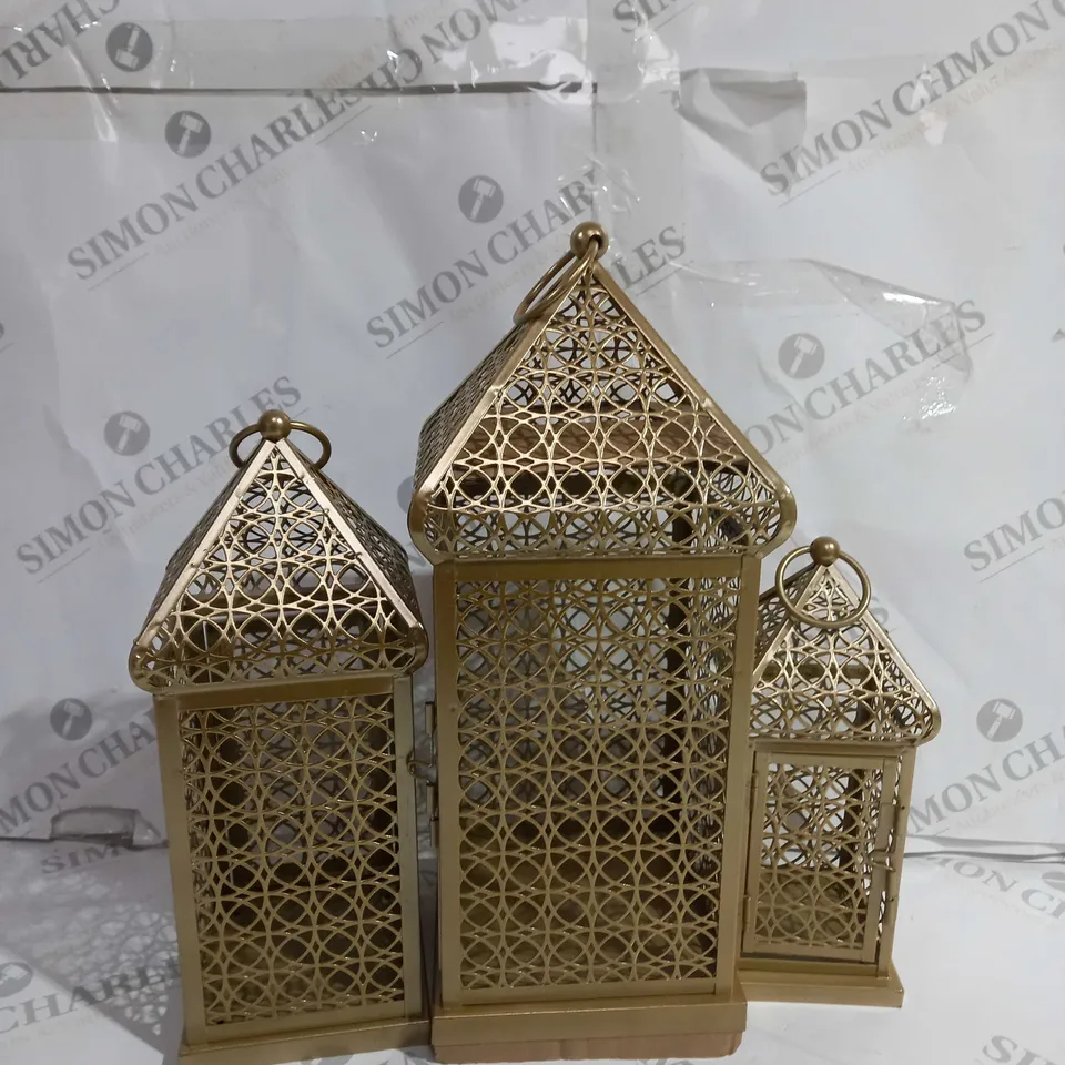 BOXED ALISON CORK SET OF INDOOR/OUTDOOR FRETWORK METAL LANTERNS GOLD