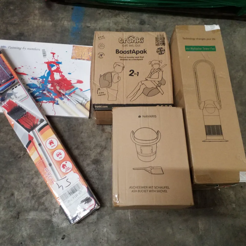 PALLET CONTAINING ASSORTED PRODUCTS INCLUDING AIR MULTIPLIER TIWER FAN, ASH BUCKET WITH SHOVEL, 2 IN 1 BACKPACK/BOSTER SEAT, WATER BRUSH, PAINTING BY NUMBERS