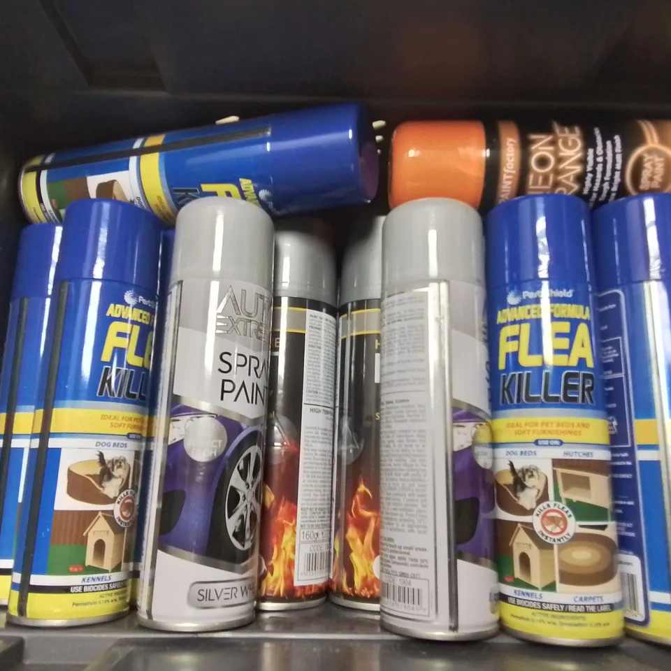 LARGE QUANTITY OF ASSORTED AEROSOLS TO INCLUDE VARIOUS SPRAY PAINTS, FLEA KILLER AND SOUDAL SOUDA BOND