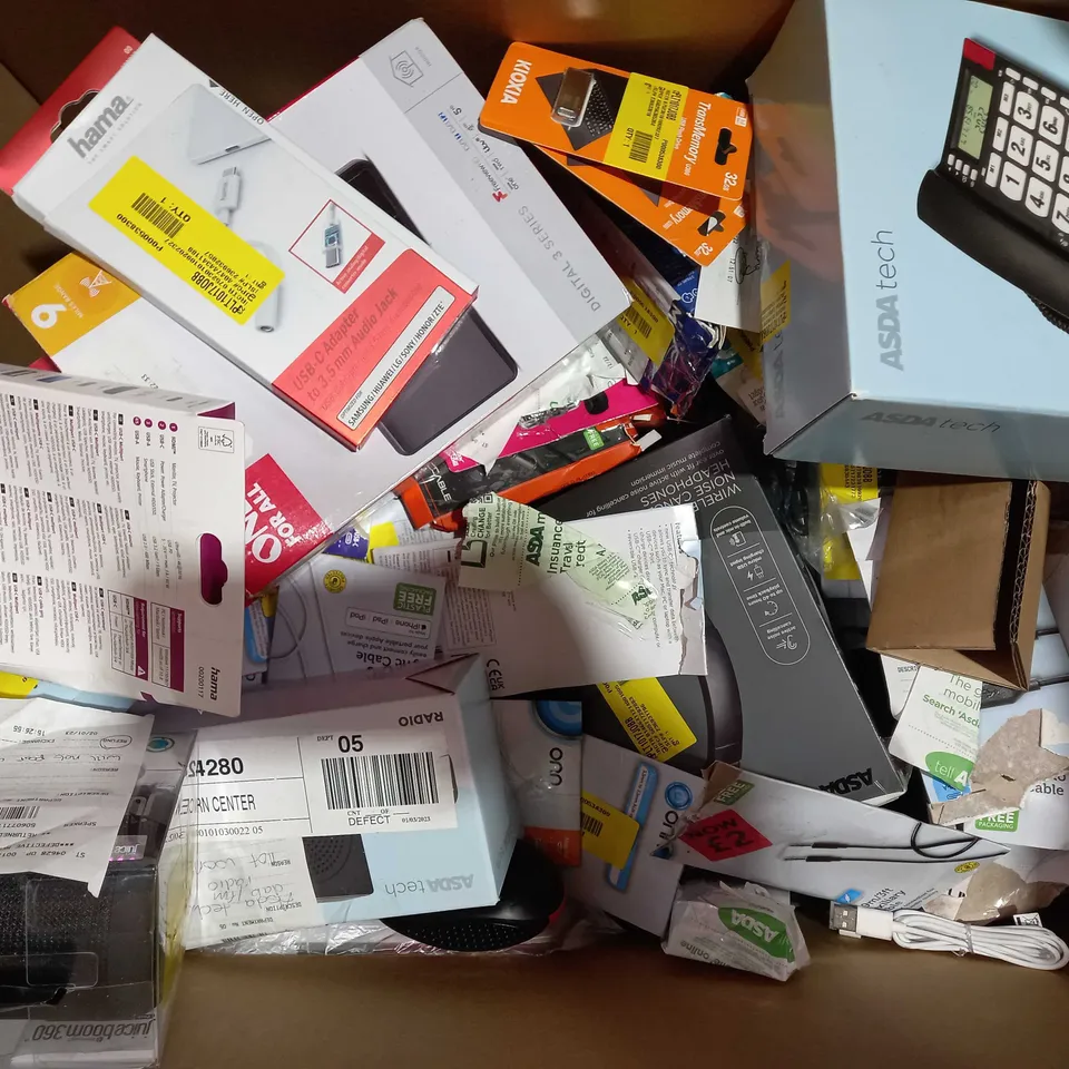 BOX OF APPROXIMATELY 20 ASSORTED ELECTRICAL ITEMS TO INCLUDE ASDA TECH BIG BUTTON LANDLINE PHONE, HAMA USB LED LIGHT STRIP, HAMA FM TRANSMITTER, ETC
