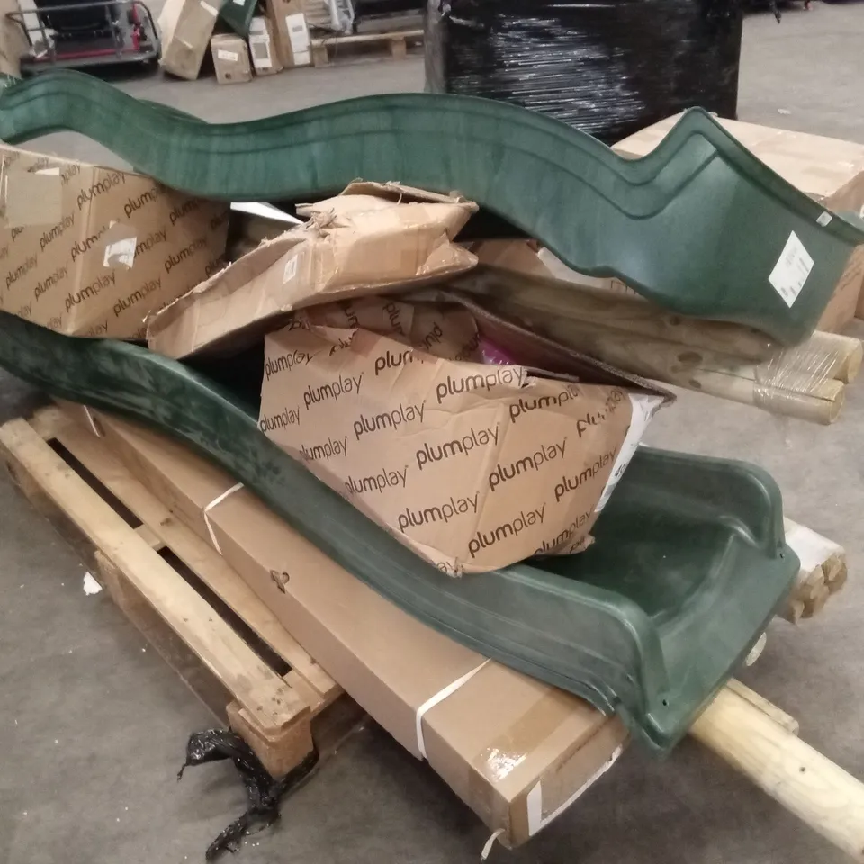 PALLET OF ASSORTED PLUM OUTDOOR PLAY PARTS AND PIECES 
